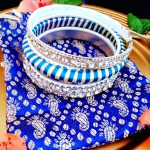 Silver and blue metal rhinestone bangles